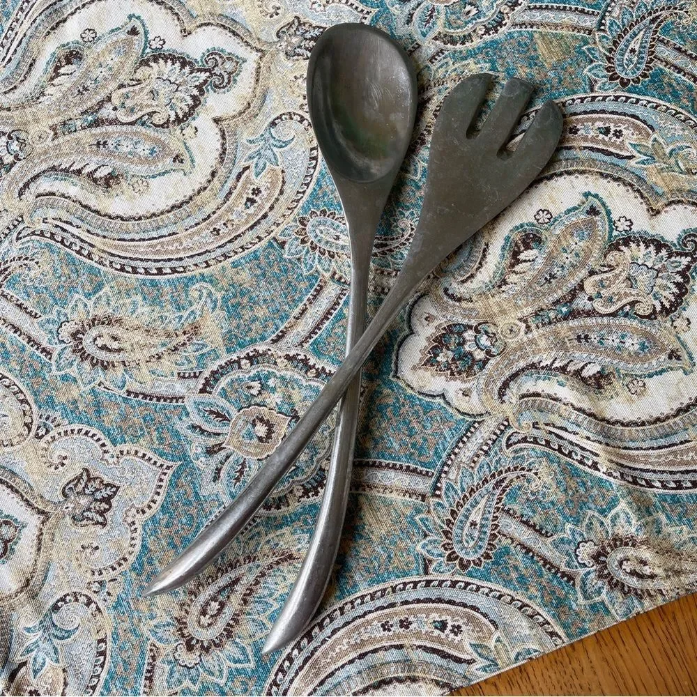 Vintage metal salad serving set, pewter or aluminum mid century